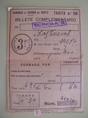 BILLETE COMPLEMENTARIO DE VALENCIA A LAS CUEVAS. Caminos de Hierro del Norte. 1942