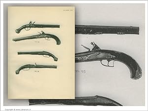 Immagine del venditore per [European Hand Firearms of the Sixteenth, Seventeenth & Eighteenth Century:] "Two Holster Pistols, One Well Mounted with Silver Medallions on Brass, the Other with Silver, and Hammerless Pistols, the Flint-Holder Contained within the Barrel." [ORIGINAL COLLOTYPE PRINT]. venduto da Librarium of The Hague