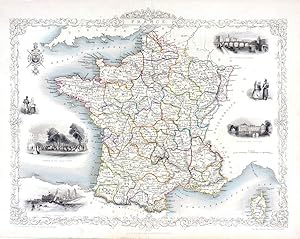 France, antique map with vignette views