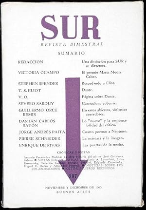 Revista SUR No. 297 Nov-Dic 1965. Stephen Spender: Recordando a Eliot; T. S. Eliot: Dante; Severo...