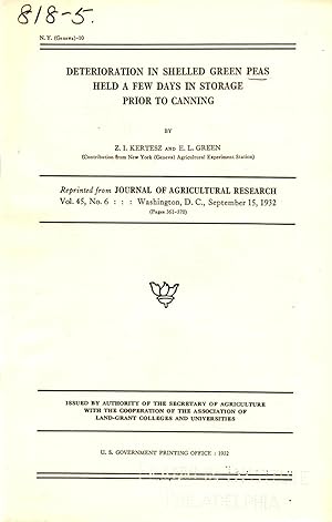 Imagen del vendedor de Deterioration in Shelled Green Peas Held a Few Days in Storage Prior to Canning a la venta por Book Booth