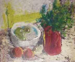 Still life with apples, oranges and pot of plants.