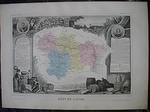 Seller image for Carte du dpartement de l'AUDE (extraite de l'Atlas National illustr des 89 Dpartements et des Possessions de la France, par Levasseur V., publie par Pelissier, dition de 1869) for sale by Librairie Rouchaleou