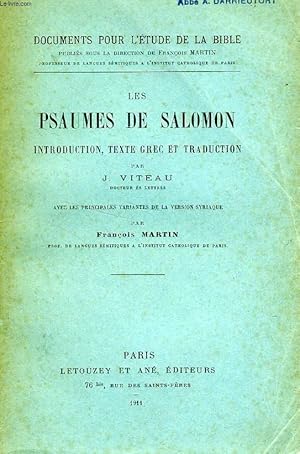 Bild des Verkufers fr LES PSAUMES DE SALOMON, INTRODUCTION, TEXTE GREC ET TRADUCTION zum Verkauf von Le-Livre