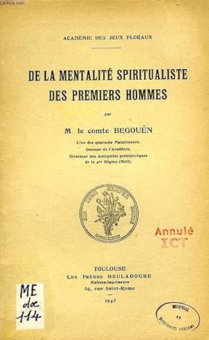 Bild des Verk�ufers f�r DE LA MENTALITE SPIRITUALISTE DES PREMIERS HOMMES zum Verkauf von Le-Livre