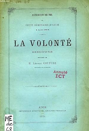 Seller image for LA VOLONTE, DISCOURS for sale by Le-Livre