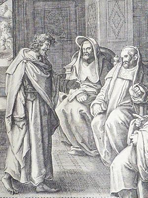 Imagen del vendedor de Pessime quid bipedum tentas, quid pectore volvis? Vach scelus horrendum Dominum sic prodis Iesum! Vix ausit Pluto quod tu moliris Iuda, Terribili dignus qui tandem morte perires. (Matthei.26.14.). Gravure originale du XVIIe sicle a la venta por Librairie Le Feu Follet