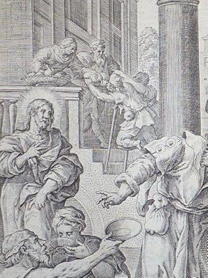 Esurivi enim et dedistis mihi manducare. (Matt. 25.35.). Gravure originale du XVIIe siècle