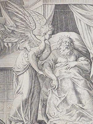 Bild des Verkufers fr Angelus in somnis alia discedere terra Iussit, ad herodis nec remeare domum. (Math. 2.12). Gravure originale du XVIIe sicle zum Verkauf von Librairie Le Feu Follet