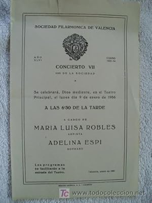 Seller image for Programa : CONCIERTO VII 1956 - Maria Luisa Robles, arpista y Adelina Espi, soprano for sale by Librera Maestro Gozalbo