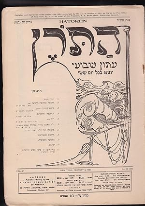 Immagine del venditore per Hatoren [= The Mast] : Iton Shvu'i yotse bekhol Yom Shishi. Volume VI, Number 46 (196). New York February 8, 1920 venduto da Meir Turner