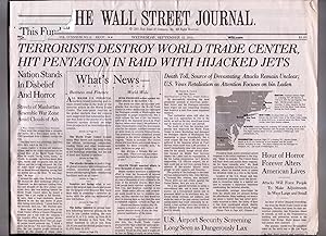 Immagine del venditore per Wall Street Journal 9/11/01 World Trade Center Terrorist Attack Edition, Front Section. Wednesday, September 12, 2001 venduto da Singularity Rare & Fine