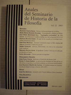 Bild des Verkufers fr Anales del Seminario de Historia de la Filosofa Vol. 22 - 2005 zum Verkauf von Librera Antonio Azorn