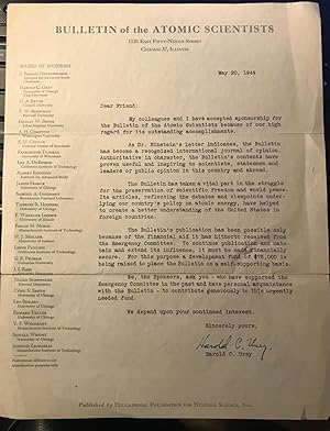Bild des Verkufers fr Bulletin of the Atomic Scientists. Typed Letter. May, 20, 1949 ( facsimile letter) zum Verkauf von Rob Warren Books