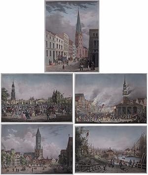 Imagen del vendedor de Die Bergstrasse mit der Petrikirche vor dem Brande / Das Altonaer Thor in Hamburg / Der Hopfenmarkt und die Nicolaikirche in Flammen / Der Pferdemarkt in Hamburg / Das Blockhaus in Hamburg a la venta por Kunstantiquariat Andreas Senger