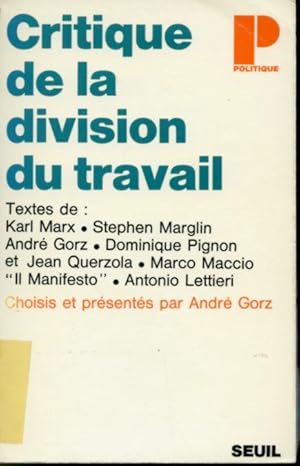 Bild des Verkufers fr Critique de la division du travail zum Verkauf von Librairie Le Nord