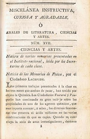 Seller image for MISCELNEA INSTRUCTIVA, CURIOSA Y AGRADABLE. Anales de Literatura, Ciencias y Artes. Tomo 6, (de 9 y XXIV nms.) nms. XVI ? XVII ? XVIII. for sale by Librera Torren de Rueda