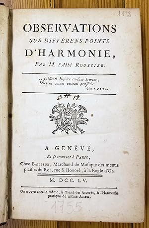 Bild des Verkufers fr Observations sur diffrens points d'harmonie. zum Verkauf von Chaco 4ever Books