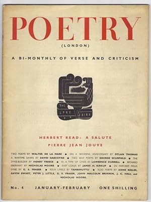 Bild des Verkufers fr Poetry (London) - A Bi-monthly of Verse and Criticism, Vol: 1, No.4 [Incl a Review of T.S. Eliot's poem East Coker] zum Verkauf von The Bookshop at Beech Cottage