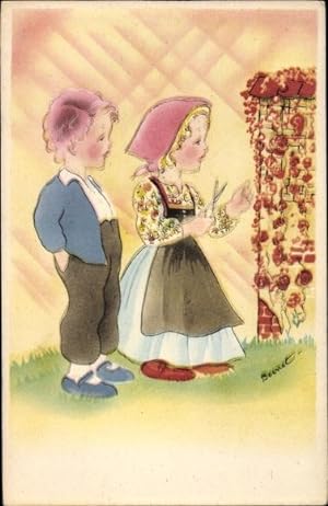 Künstler Ansichtskarte / Postkarte Frau mit Schürze und Schere in der Hand will Rosen beschneiden
