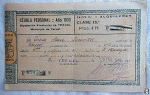 Antiguo Documento - Old Paper : CÉDULA PERSONAL, DIPUTACIÓN PROVINCIAL DE TERUEL, 1933