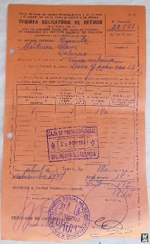 Antiguo Documento - Old Paper : ENTREGA AL REGIMEN OBLIGATORIO DE RETIROS, CAJA DE PREVISIÓN SOCI...