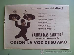 Antigua Hoja Publicidad - Old Sheet of Advertising : DISCOS ODEON - LA VOZ DE SU AMO