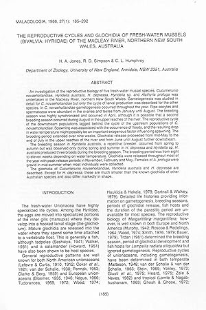 Image du vendeur pour The reproductive cycles and glochidia of fresh-water mussels (Biv.: Hyriidae) of the MacLeay river, Northern New South Wales, Australia.In 8vo, offp., pp. 18 with 28 figs. Offprint from Malacologia 27(1) mis en vente par NATURAMA