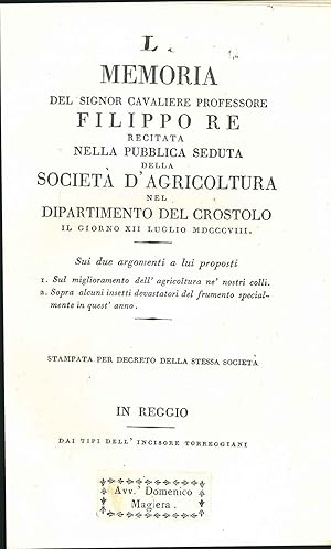 Memoria recitata nella . società d'agricoltura nel dipartimento del Crostolo su: 1: Il migliorame...