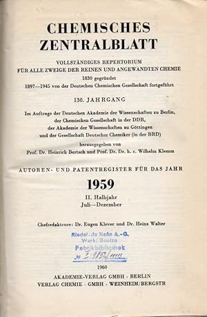 Bild des Verkufers fr 130.Jahrgang 1959. I. und II. Halbjahr. Autoren- und Patentregister zum Verkauf von Clivia Mueller