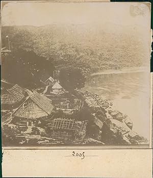 Asie, Panorama d'un village et ses docks, Vintage citrate print