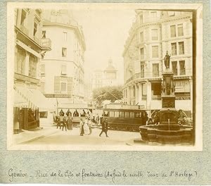 Suisse, Genève, Rue de la Cité et fontaine, ca.1900, vintage citrate print