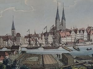 Ansicht von Lübeck. Kolorierte Lithographie bei D. Brocatto. Um 1840. 8 x 12 cm.