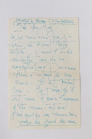 Deux lettres autographes manuscrites de Lise Deharme à Guy Dupré