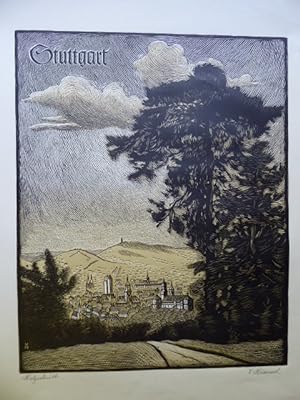 Stuttgart Stadtansicht. Original-Farbholzschnitt aus dem Jahr 1945 von Victor Himmel, signiert un...