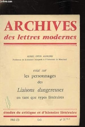 Image du vendeur pour ETUDES CRITIQUE DE L'HISTOIRE LITTERAIRE N31 - 1960 - ESSAI SUR LES PERSONNAGES DES LIAISONS DANGEREUSES EN TANT QUE TYPES LITTERAIRES mis en vente par Le-Livre