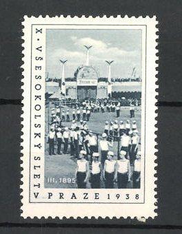 Seller image for Reklamemarke Prag, X. Vsesokolsky Slet v 1938, Sportler auf dem Platz for sale by Bartko-Reher