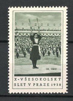 Seller image for Reklamemarke Prag, X. Vsesokolsky Slet v 1938, Keulen-Akrobatin for sale by Bartko-Reher