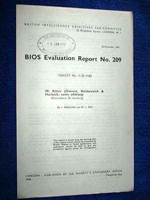 Bild des Verkufers fr BIOS Evaluation Report No.209, TARGET No. C-31/1162 W. Ritter (Owners, Heidenreich & Harbeck, Wiesendamm 30, Hamburg. WOODWORKING MACHINERY. British Intelligence Objectives Sub-Committee. zum Verkauf von Tony Hutchinson