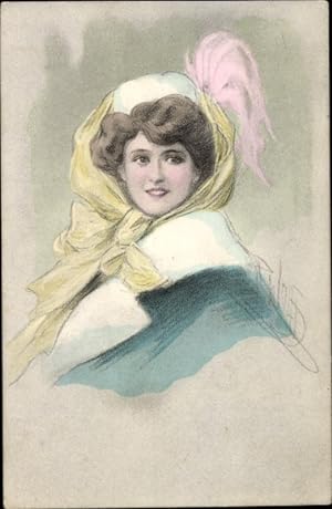 Künstler Ansichtskarte / Postkarte Portrait einer jungen Frau, Hut, Schal