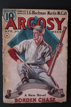 Imagen del vendedor de ARGOSY Pulp magazine. April 30, 1938. >>> "Rubber Arm" [ Beautiful BASEBALL Cover & fiction story] by Martin McCall. / The Bells of San Carlos by Max Brand a la venta por Comic World