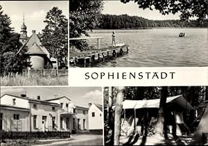 Bild des Verkufers fr Ansichtskarte / Postkarte Sophienstdt Marienwerder in Brandenburg, Kapelle, Uferpartie m. Bootssteg, Gasthaus, Zelt, Wald zum Verkauf von akpool GmbH