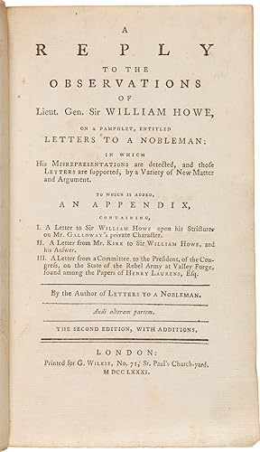 A REPLY TO THE OBSERVATIONS OF LIEUT. GEN. SIR WILLIAM HOWE, ON A PAMPHLET, ENTITLED LETTERS TO A...