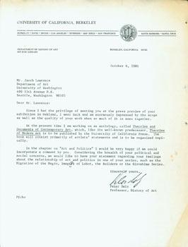 Copy of TLS Peter Selz to noted Artist and Educator Jacob Lawrence, October 6, 1986.