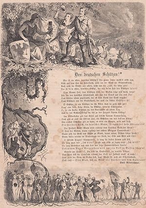 Gedicht "Den deutschen Schützen" von Emil Ritterhaus umgeben von Abbildungen der zum zweiten deut...