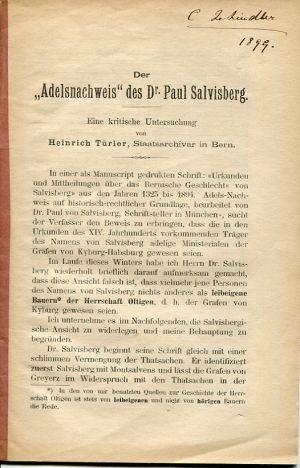 Bild des Verkufers fr Der "Adelsnachweis" des Dr. Paul Salvisberg. Eine kritische Untersuchung. zum Verkauf von Bcher Eule