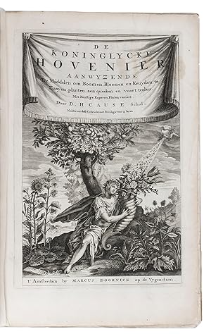 Bild des Verkufers fr De koninglycke hovenier aanwyzende de middelen om boomen, bloemen en kruyden te zaayen, planten, aen queeken en voort teelen.Amsterdam, Marcus Doornick, [1676]. With engraved title-page and 31 engraved plates, including 2 bird's-eye views of a French and a Dutch royal garden, 5 plates with two pomological illustrations each, 8 plates with two illustrations of flowers each and 16 plates with a total of 32 garden designs.With: (2) COMMELIN, Jan. Nederlantze Hesperides, dat is, oeffening en gebruik van de limoen- en oranje-boomen, gestelt na den aardt, en climaat der Nederlanden.Amsterdam, Marcus Doornick, 1676. With engraved title-page and 26 engraved plates showing flowers, fruits and orangeries. 2 works in 1 volume. Folio (35 x 23 cm). Contemporary vellum, recased. zum Verkauf von Antiquariaat FORUM BV