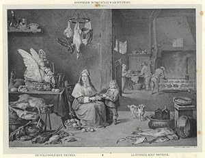 Bild des Verkufers fr KCHIN. - Kche. "De welvoorziene Keuken. La Cuisine bien Fournie". Blick in eine gutausgestattete groe Kche, eine Frau (Teniers Frau Anna) sitzt und schlt pfel whrend rechts von ihr ein Junge (der lteste Sohn David des Knstlers) mit Teller steht. Links auf dem Tisch ein Schwan-Kuchen, im Hintergrund zwei Kche beim Zubereiten von Geflgel am groen Kamin. Im Vordergrund liegen Geflgel, Wild und Fische. zum Verkauf von Peter Bierl Buch- & Kunstantiquariat Inh.: Andrea Bierl