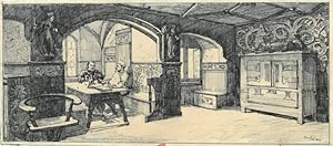 Bild des Verkufers fr ARCHITEKTUR. - Innenarchitektur. Groer altdeutscher Raum mit Kassettendecke und gotischem Mobiliar. Zwei Mnner sitzen in einer Erkernische an einem Tisch. zum Verkauf von Peter Bierl Buch- & Kunstantiquariat Inh.: Andrea Bierl