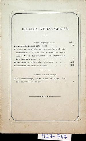 Jahres-Bericht des Mannheimer Vereins für Naturkunde für die Jahre 1878-1882. Nebst einer wissens...